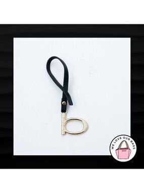 NEW BEBE B GOLD BRASS METAL BLACK LEATHER LOOP STRAP FOB BAG CHARM KEYCHAIN TAG
